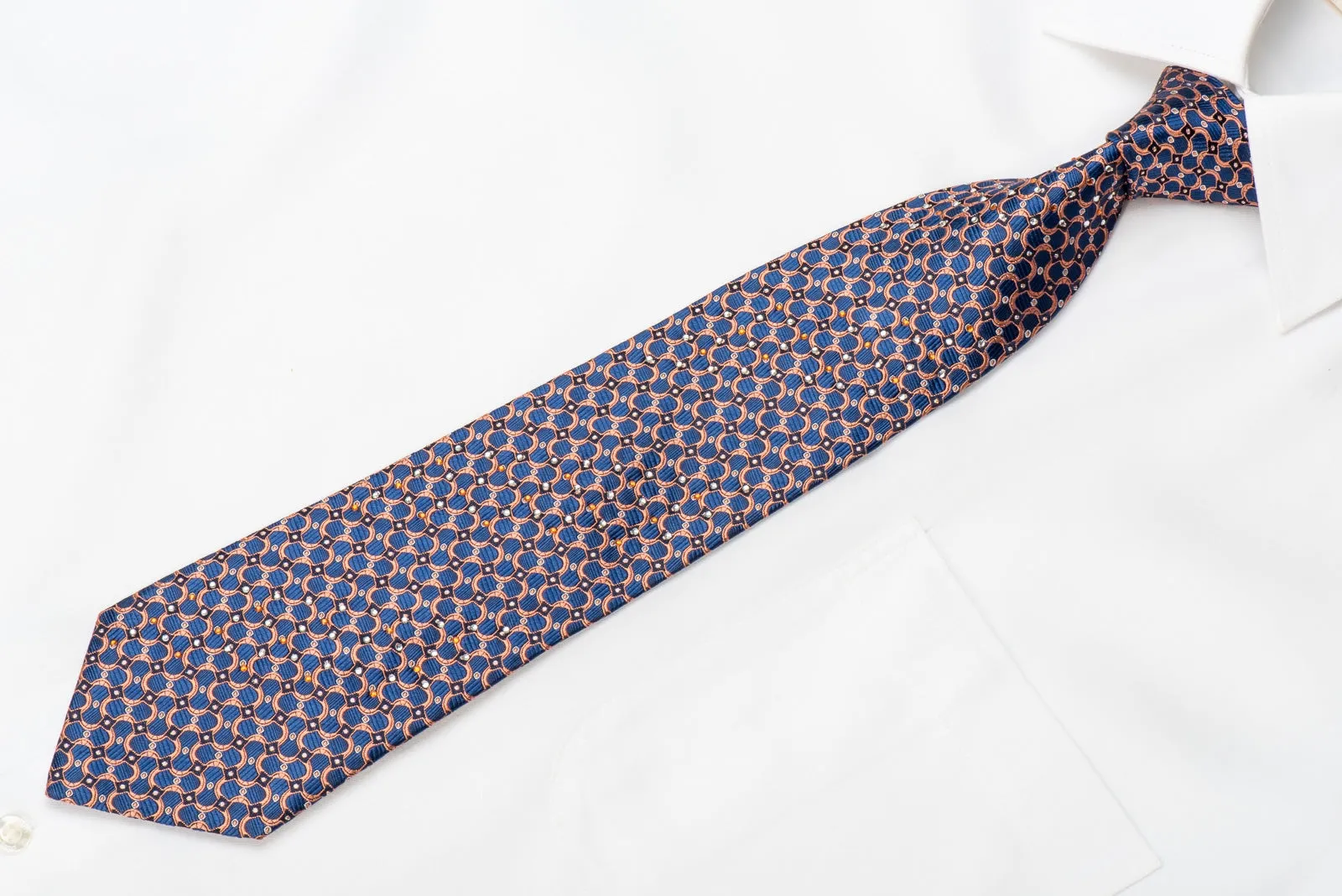 GGio Men's Crystal Silk Tie Orange Blue Geometric With Silver Sparkles