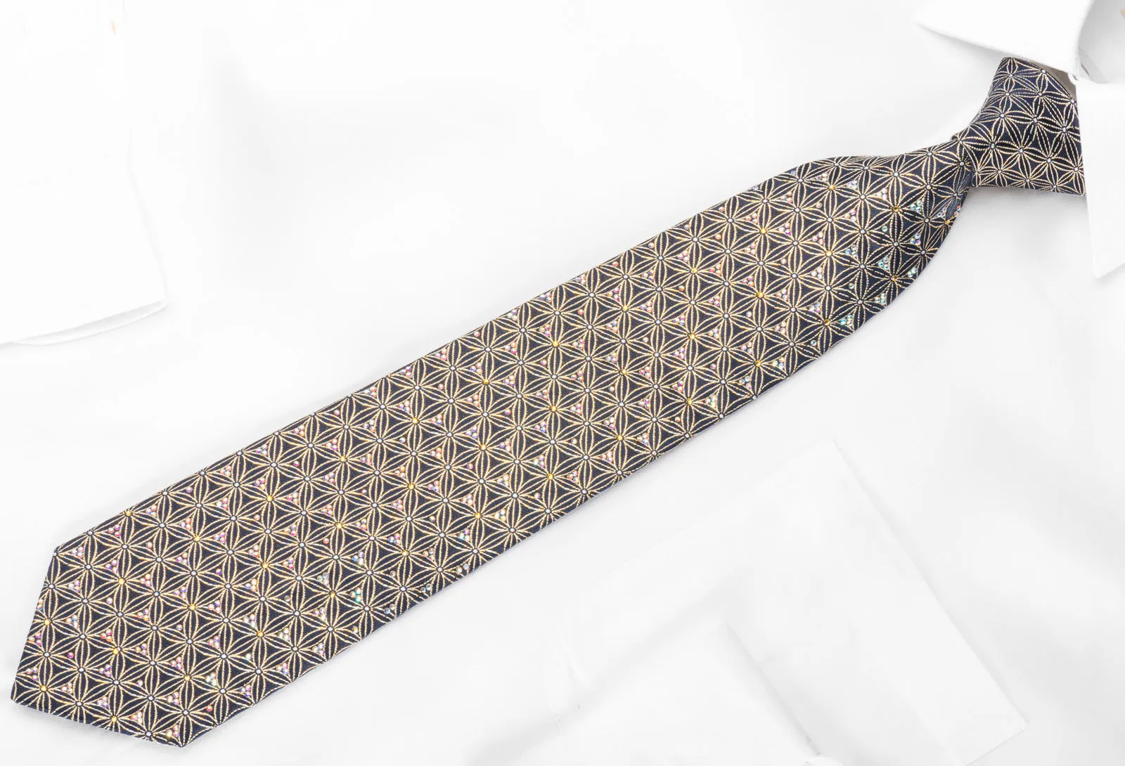 Golden Trellis On Navy Rhinestone Silk Necktie With Gold Sparkles