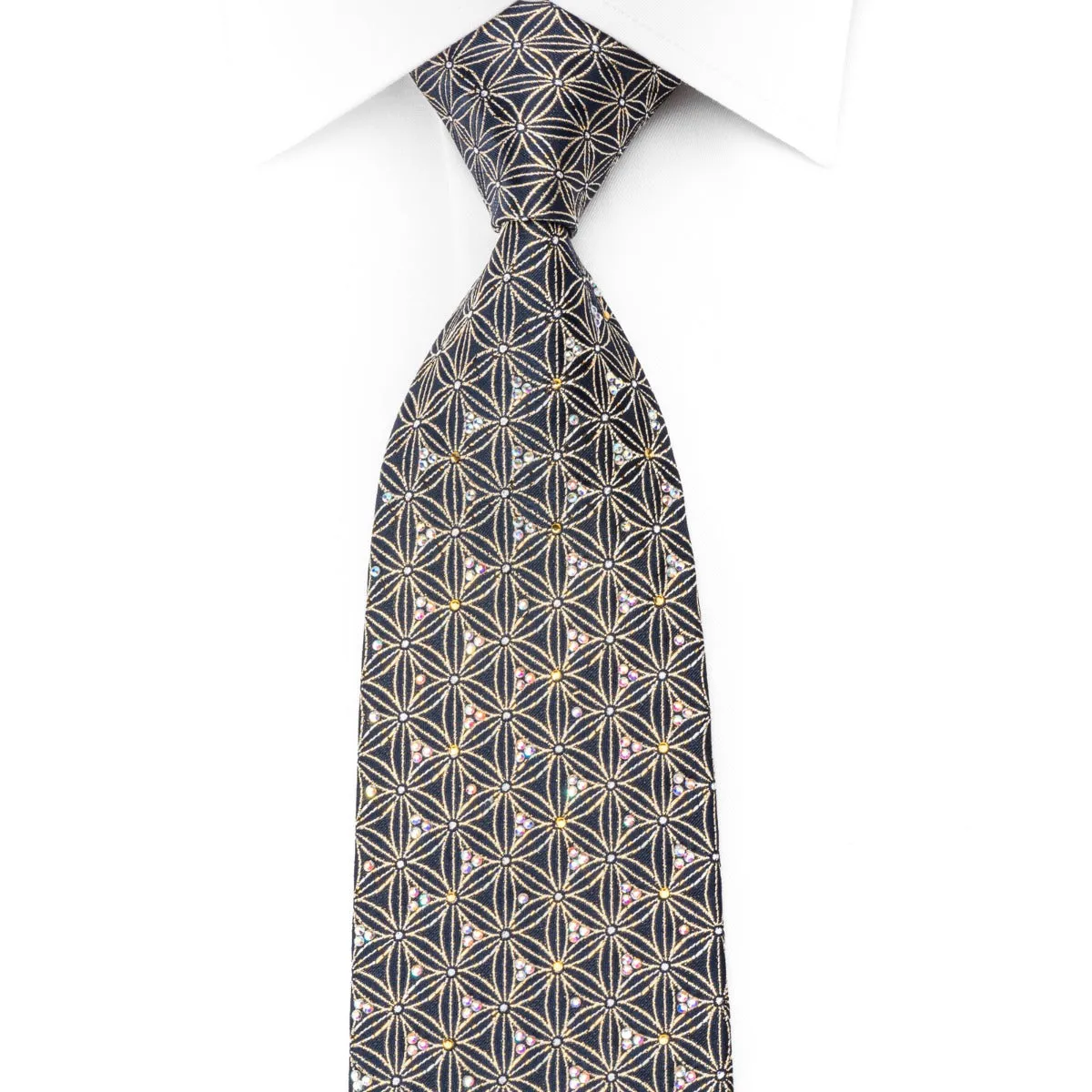 Golden Trellis On Navy Rhinestone Silk Necktie With Gold Sparkles