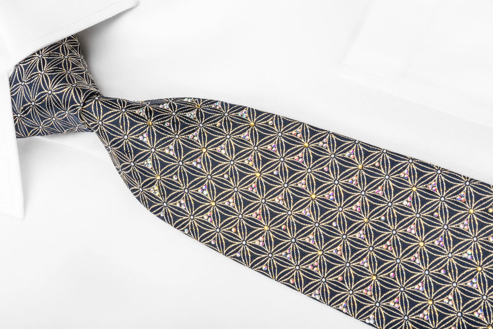 Golden Trellis On Navy Rhinestone Silk Necktie With Gold Sparkles