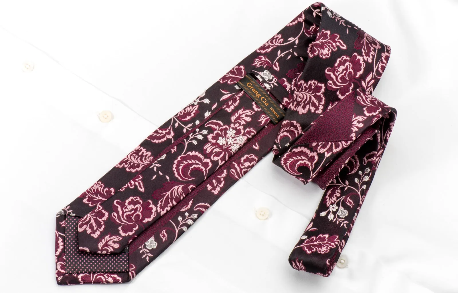 Grang Cia Mens Silk Necktie Acanthus On Dark Burgundy Sparkling With Rhinestones