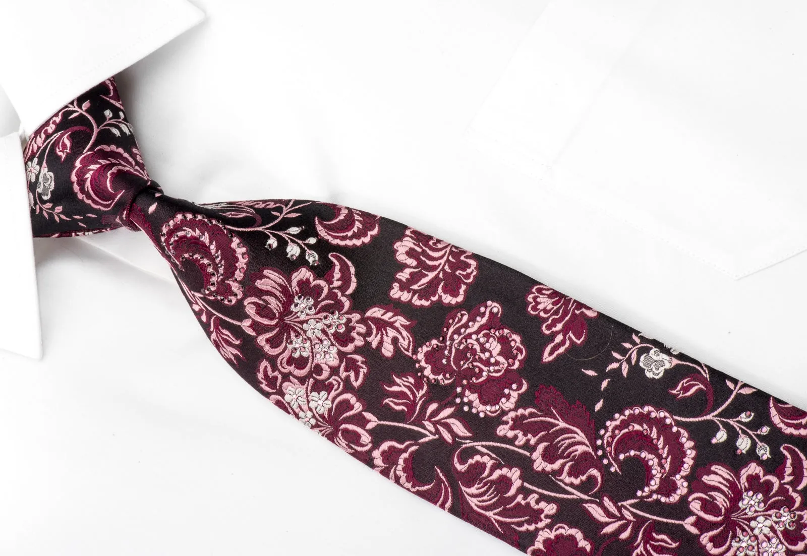 Grang Cia Mens Silk Necktie Acanthus On Dark Burgundy Sparkling With Rhinestones