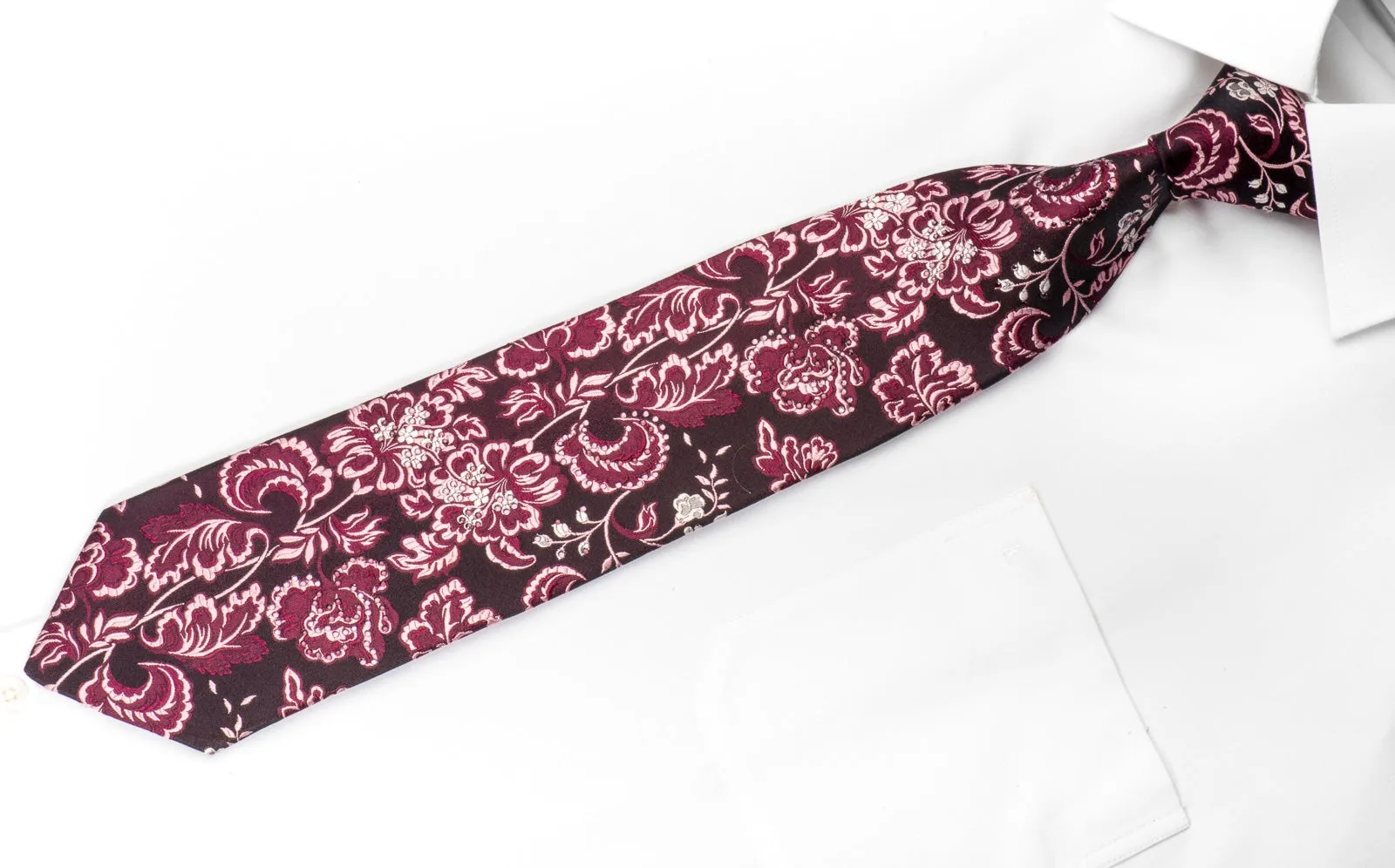 Grang Cia Mens Silk Necktie Acanthus On Dark Burgundy Sparkling With Rhinestones