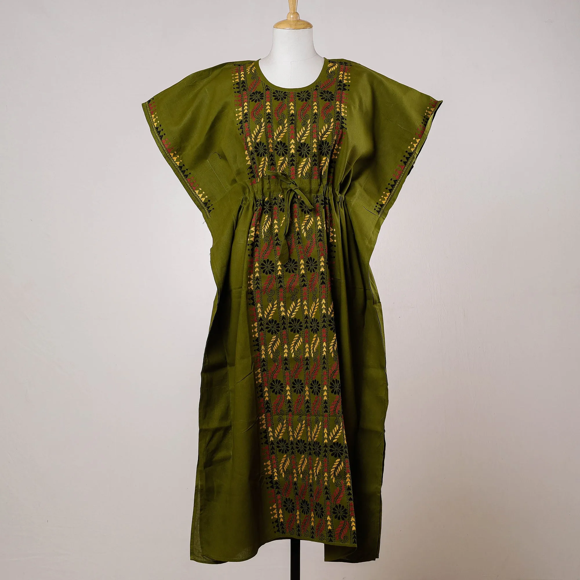 Green - Bengal Kantha Embroidery Cotton Kaftan with Tie-Up Waist (Long)