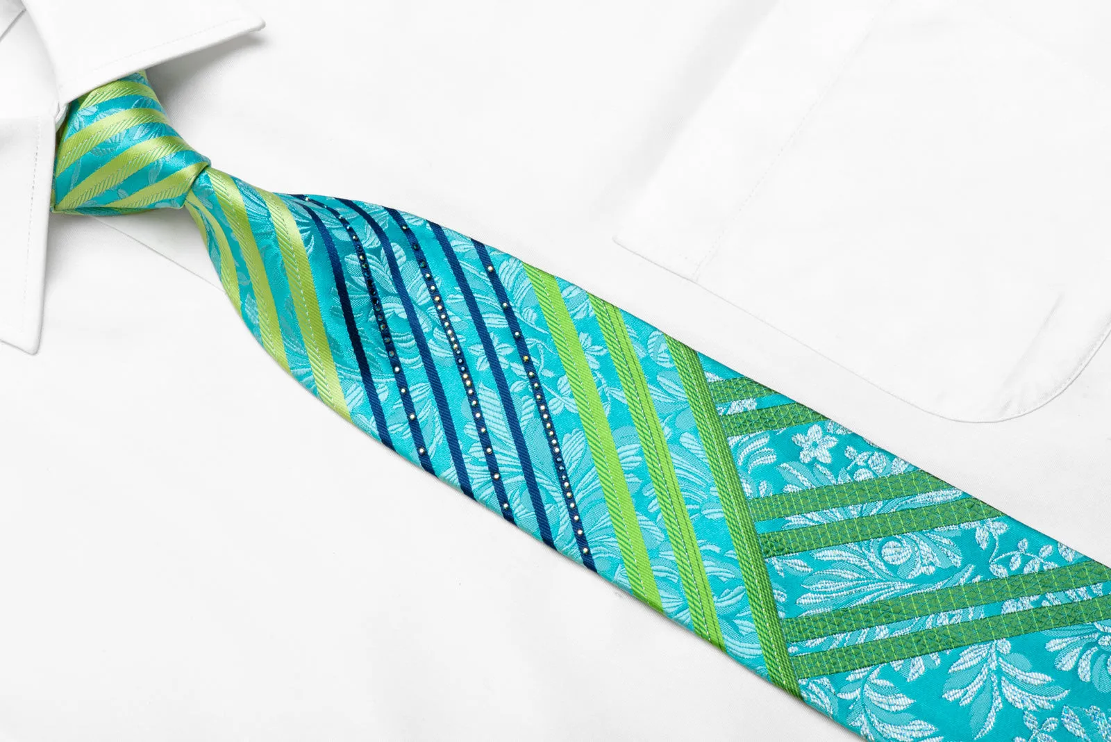 Green Blue Striped & Floral On Light Blue Rhinestone Silk Necktie With Sparkles