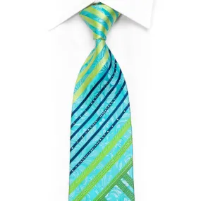 Green Blue Striped & Floral On Light Blue Rhinestone Silk Necktie With Sparkles