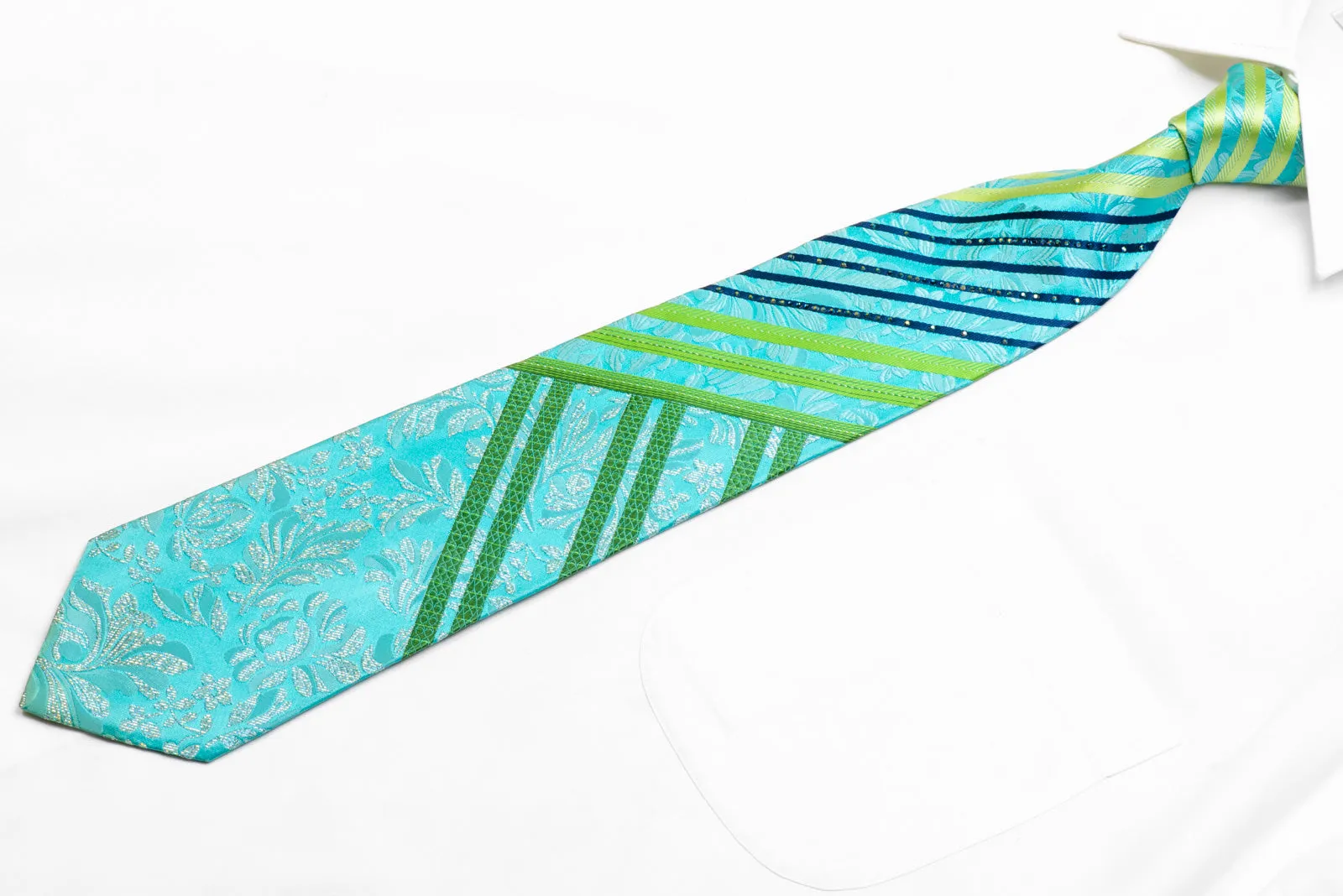 Green Blue Striped & Floral On Light Blue Rhinestone Silk Necktie With Sparkles