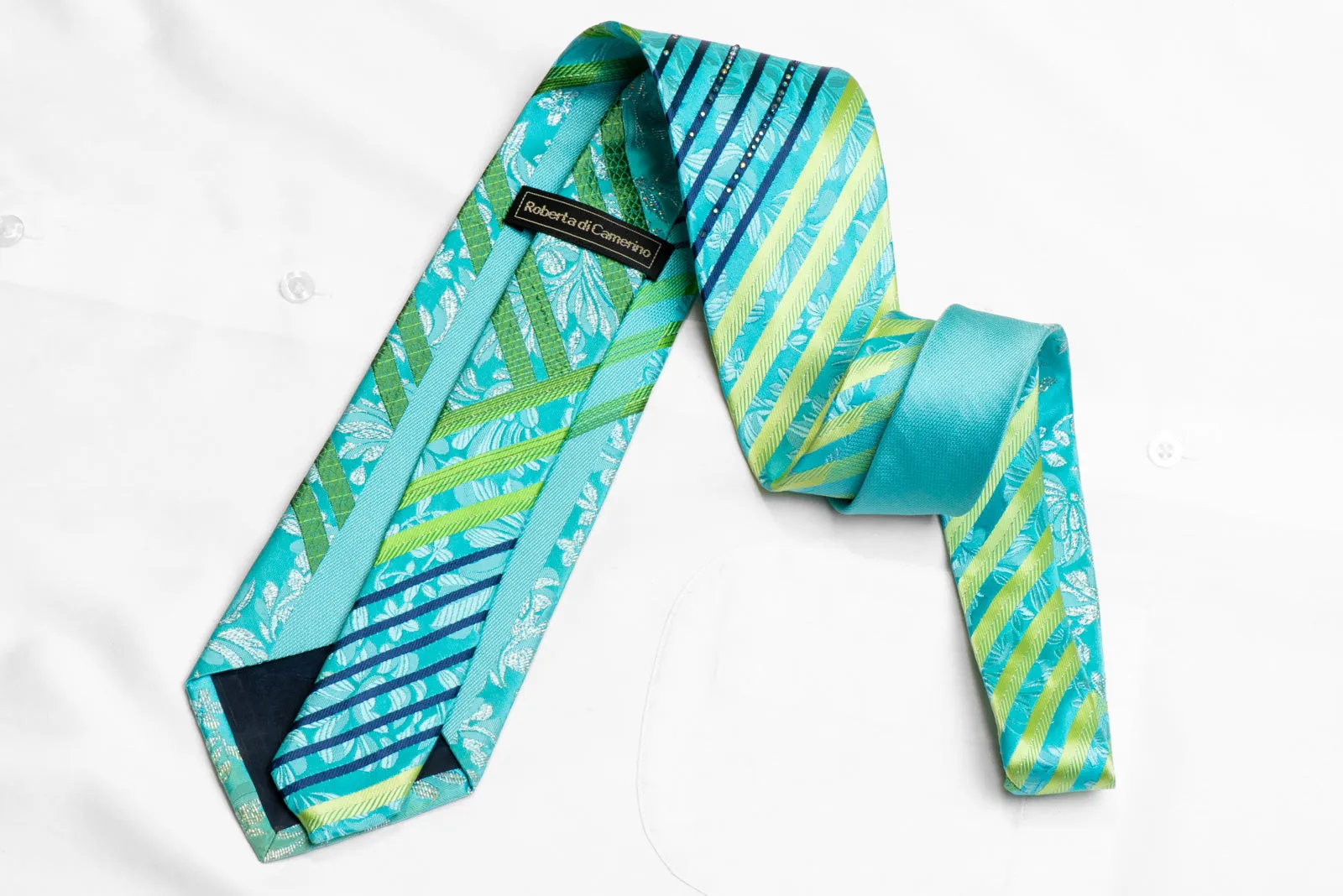 Green Blue Striped & Floral On Light Blue Rhinestone Silk Necktie With Sparkles