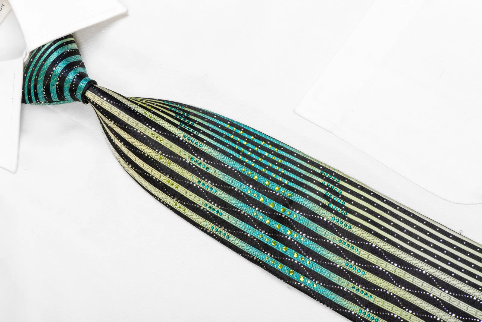 Green Vertical Striped On Black Rhinestone Silk Tie With Sparkles