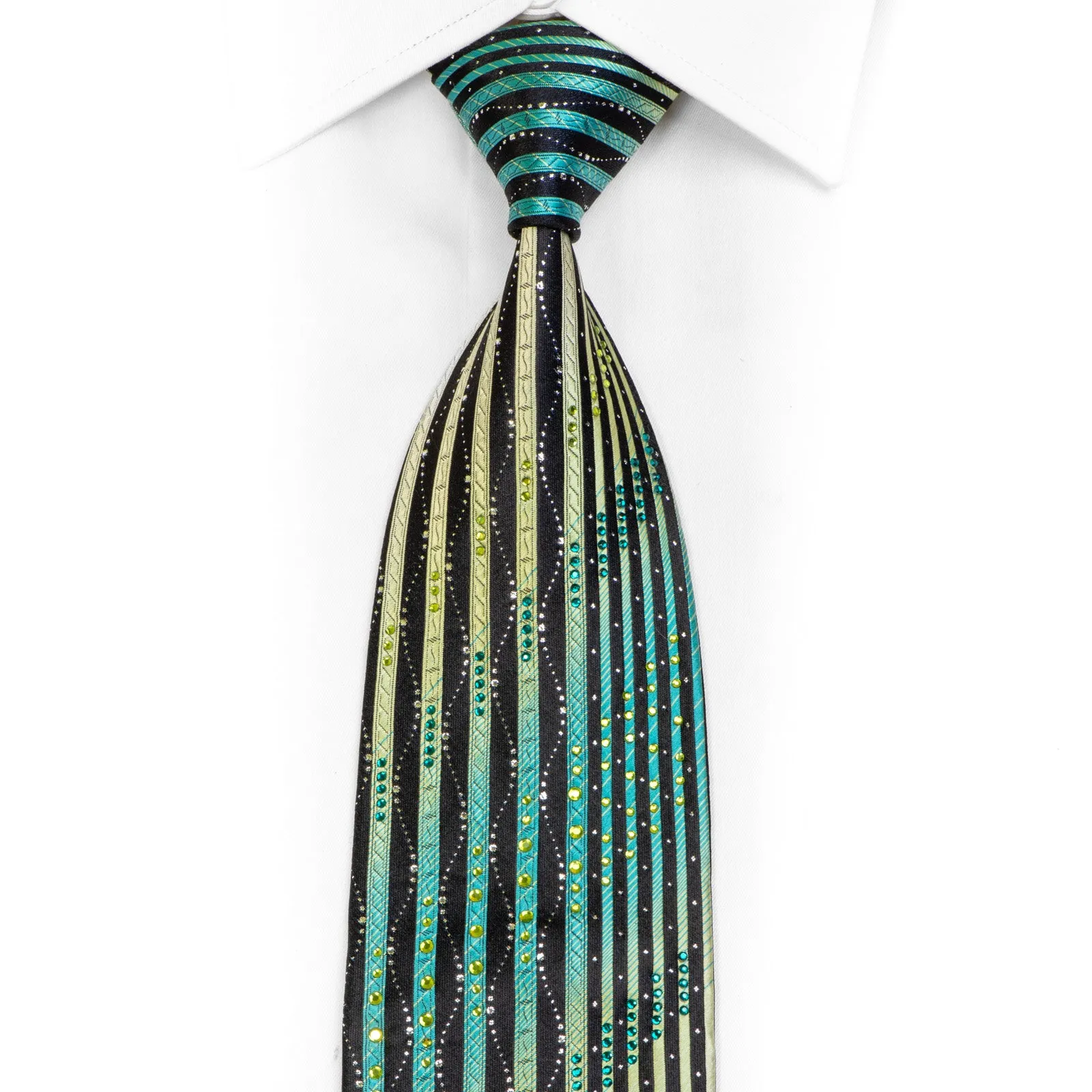 Green Vertical Striped On Black Rhinestone Silk Tie With Sparkles