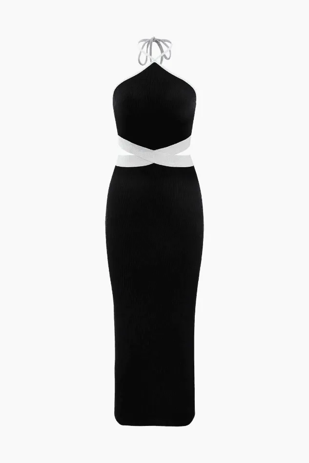 Halter Neck Cut Out Back Rib Knit Midi Dress