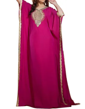 Hand Beaded Georgette Fuchia Color Free Size Saudi Arabic Kaftan