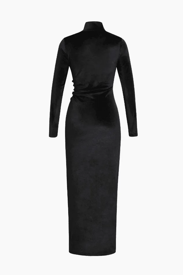 High Neck Ruched Slit Velvet Maxi Dress