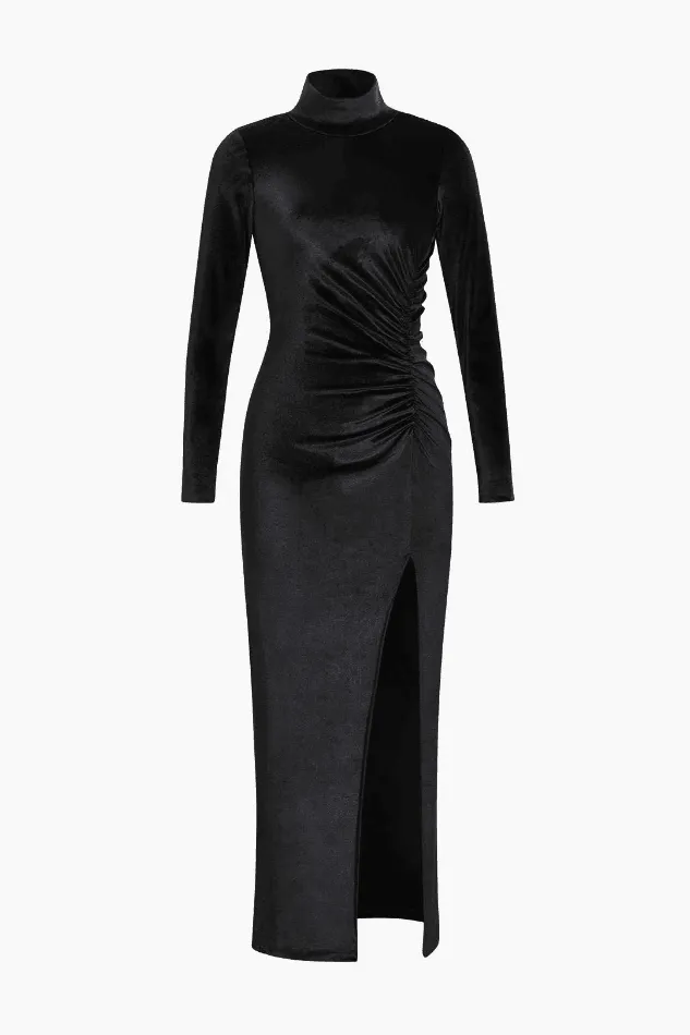 High Neck Ruched Slit Velvet Maxi Dress