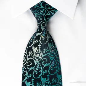 Lancetti Silk Tie Turquoise Vines On Blue With Emerald Crystal Rhinestones & Sparkles