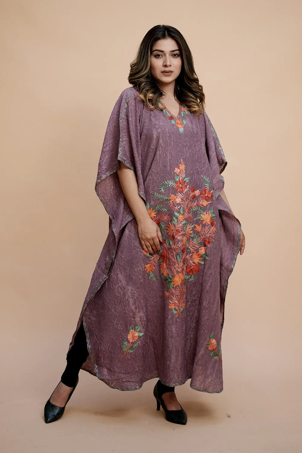 Lavender Colour Crush Cotton Kashmiri Aari Work Designer Kaftan