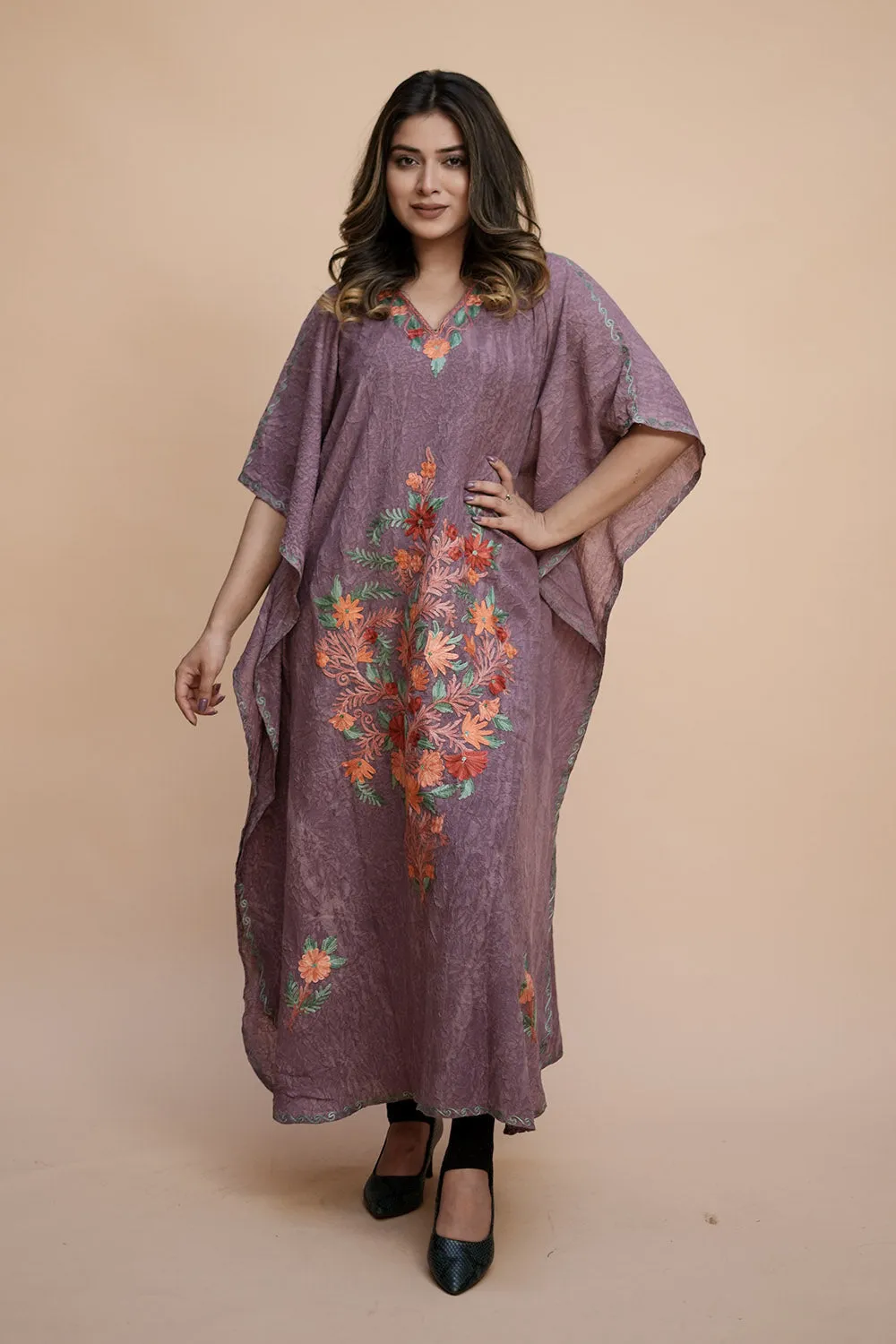 Lavender Colour Crush Cotton Kashmiri Aari Work Designer Kaftan