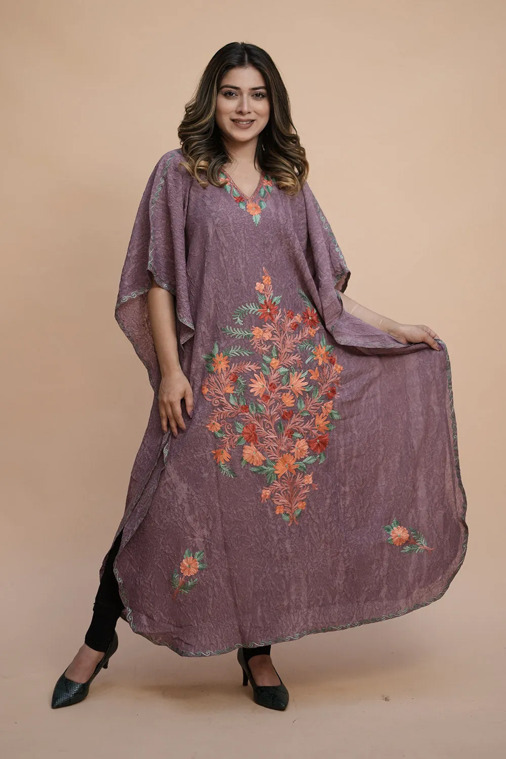 Lavender Colour Crush Cotton Kashmiri Aari Work Designer Kaftan