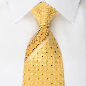 Leslie Vince Rhinestone Silk Necktie Striped On Yellow With Copper Sparkles