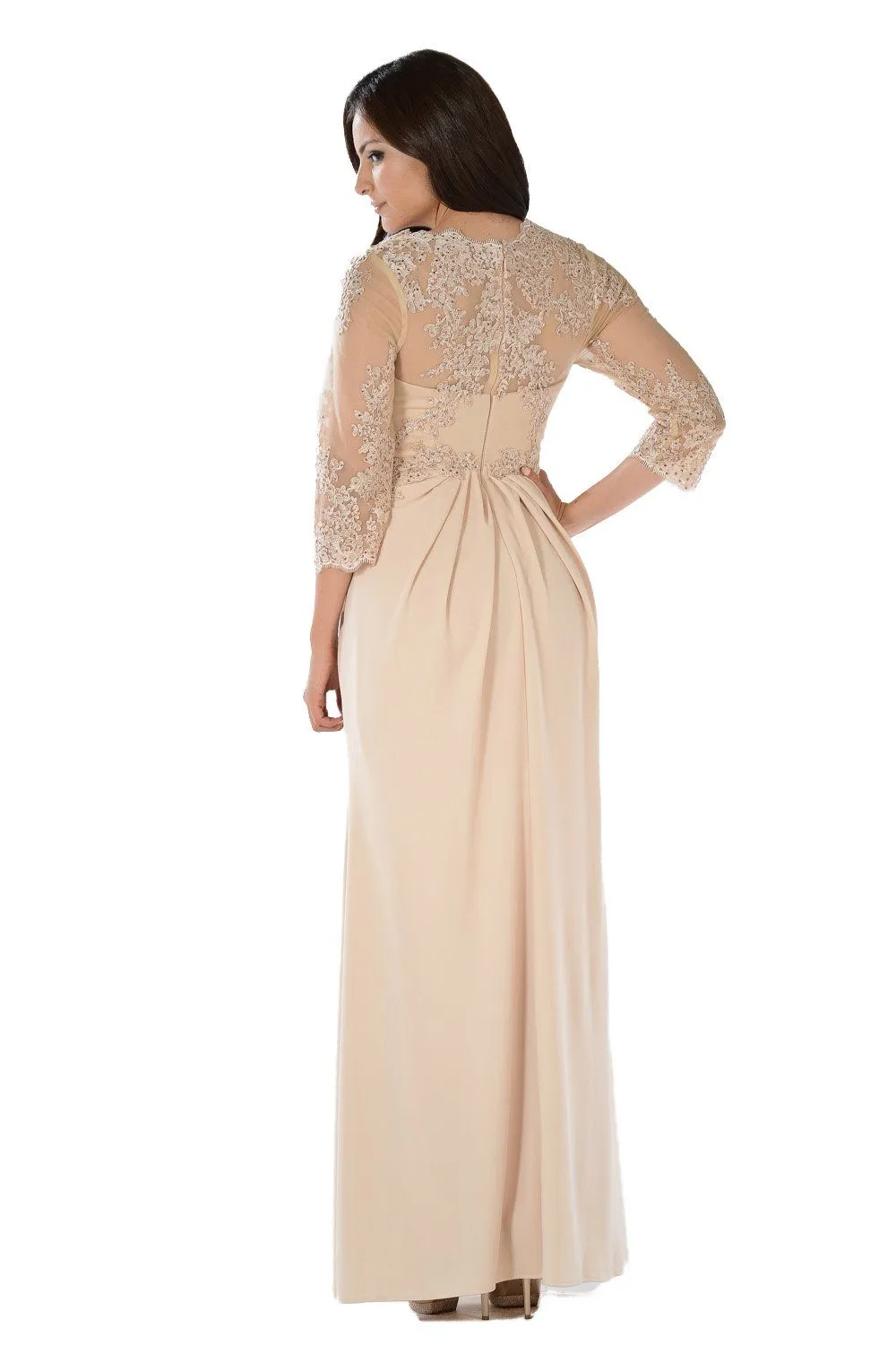 Long Lace Applique Pleated Dress with Sleeves by Poly USA 7812