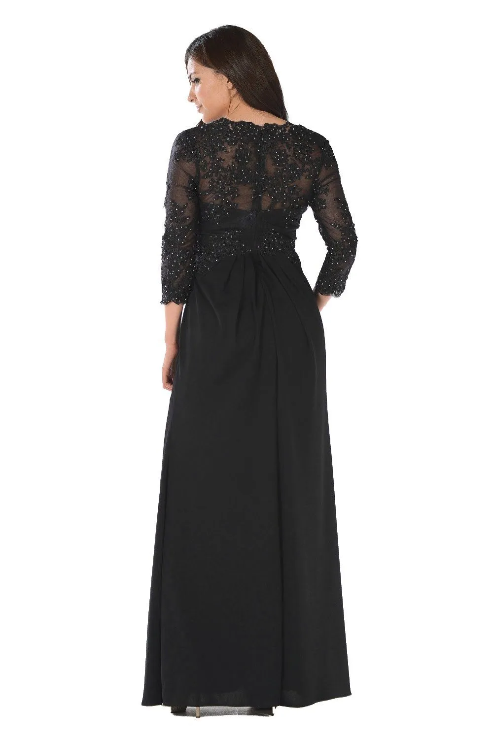 Long Lace Applique Pleated Dress with Sleeves by Poly USA 7812