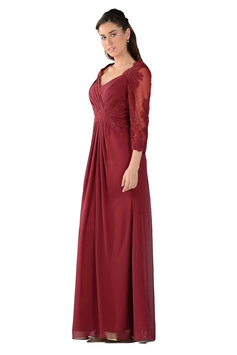 Long Lace Applique Pleated Dress with Sleeves by Poly USA 7812