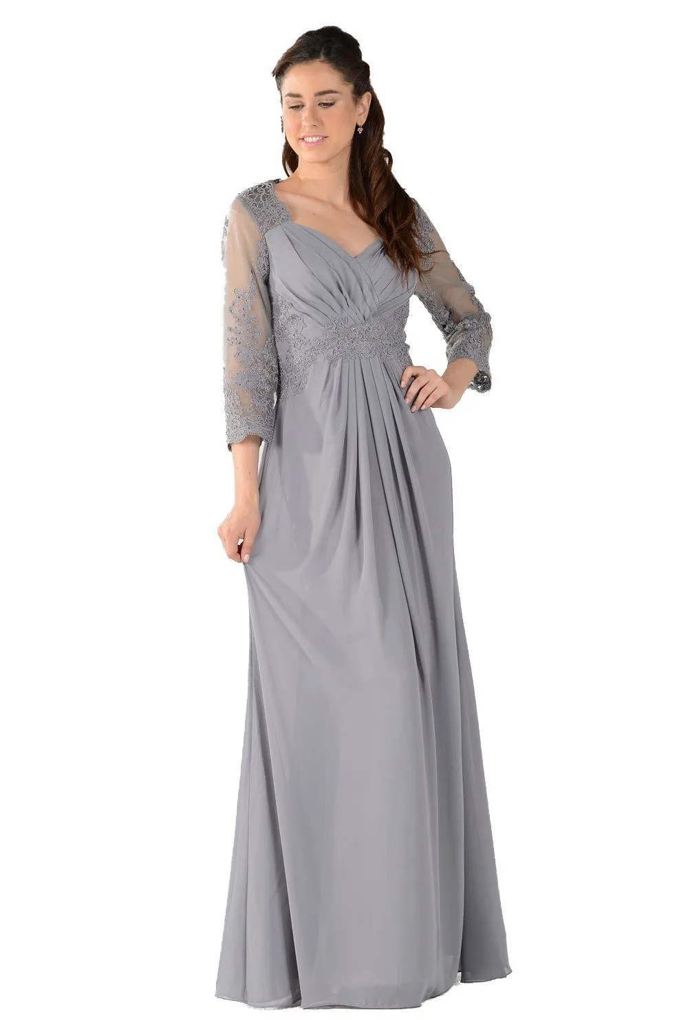 Long Lace Applique Pleated Dress with Sleeves by Poly USA 7812