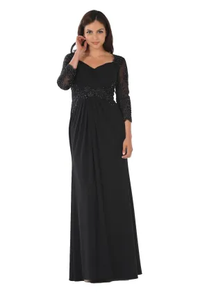 Long Lace Applique Pleated Dress with Sleeves by Poly USA 7812