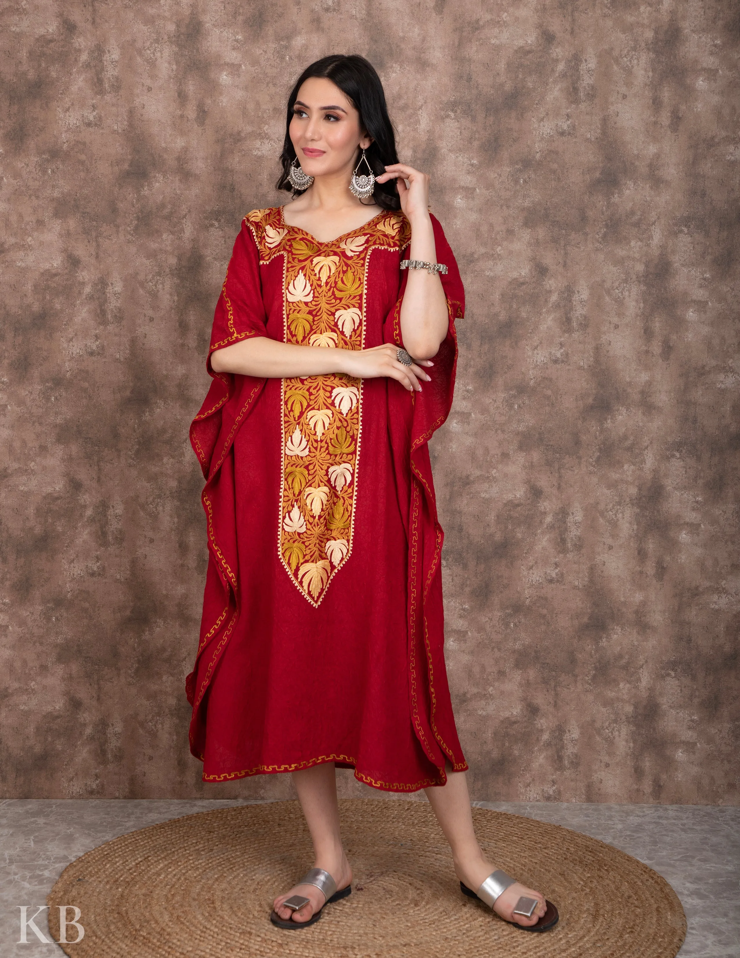 Long Neck Maroon Embroidered Summer Cotton Kaftan