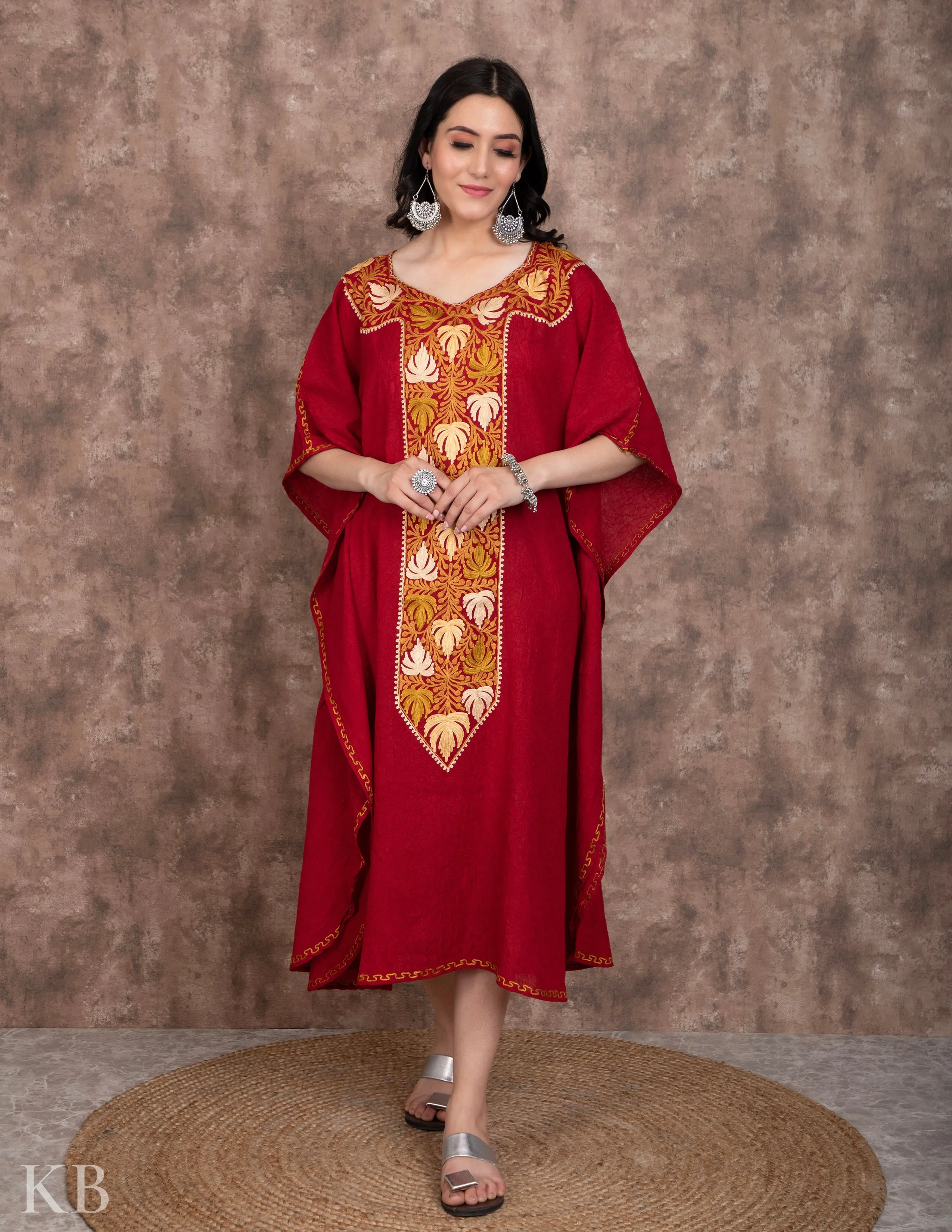 Long Neck Maroon Embroidered Summer Cotton Kaftan