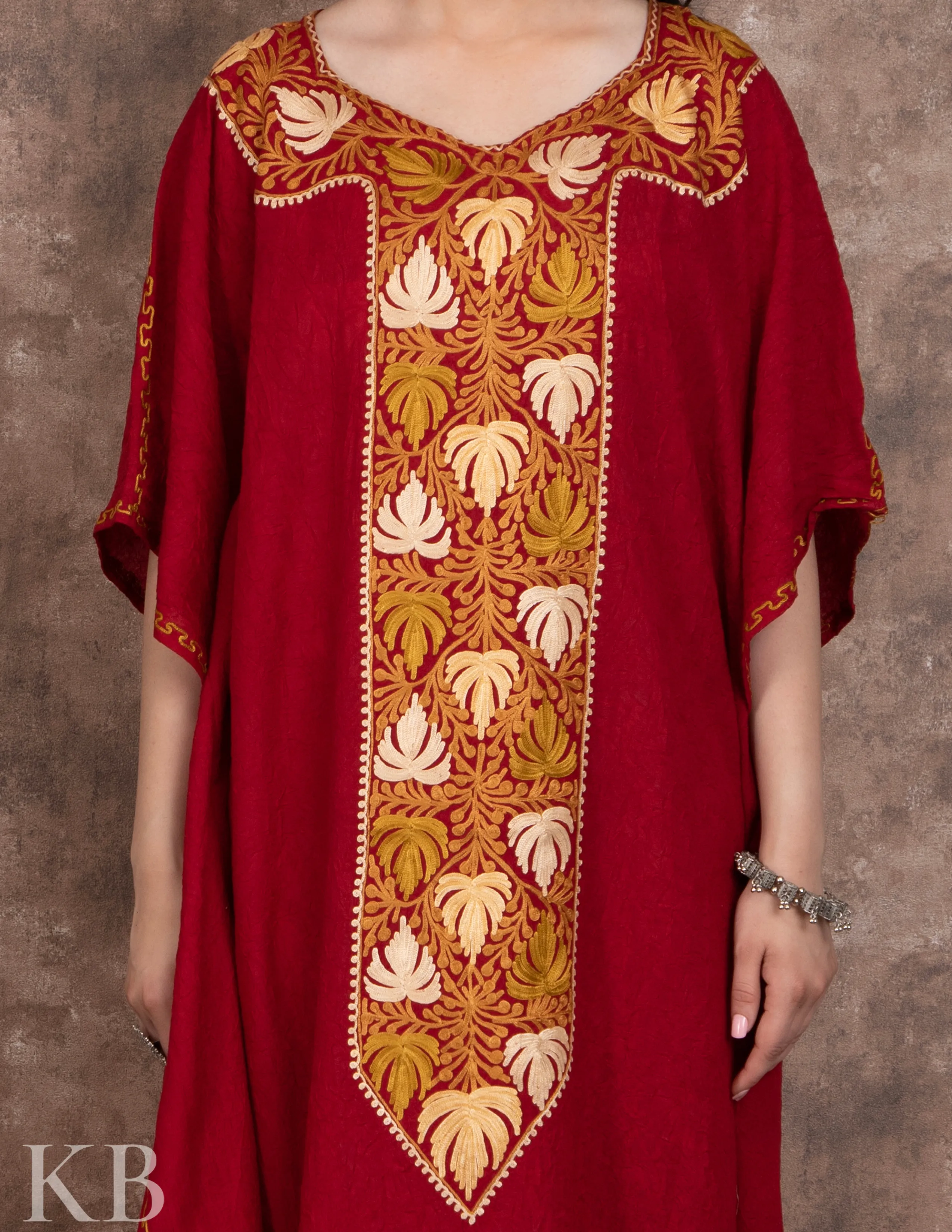 Long Neck Maroon Embroidered Summer Cotton Kaftan