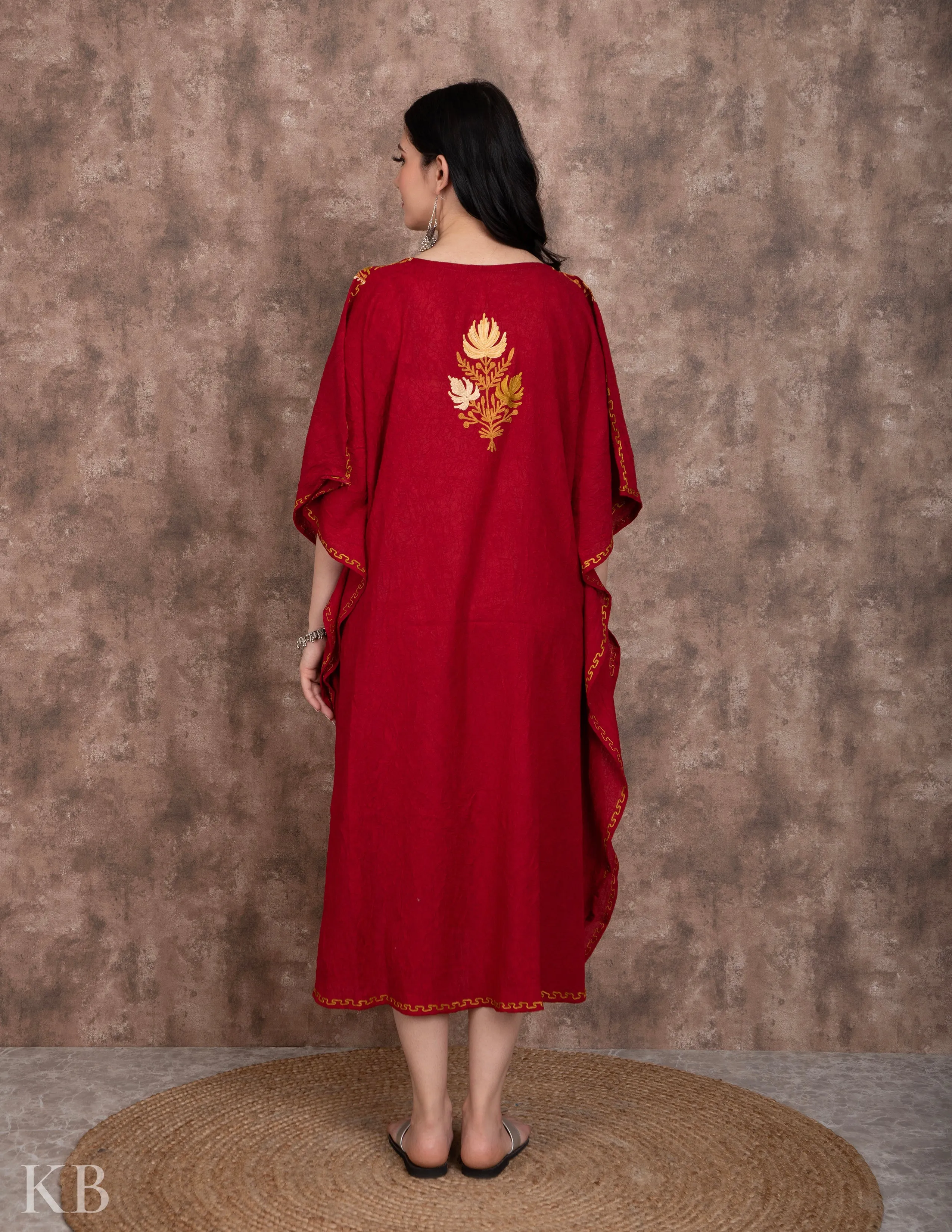 Long Neck Maroon Embroidered Summer Cotton Kaftan