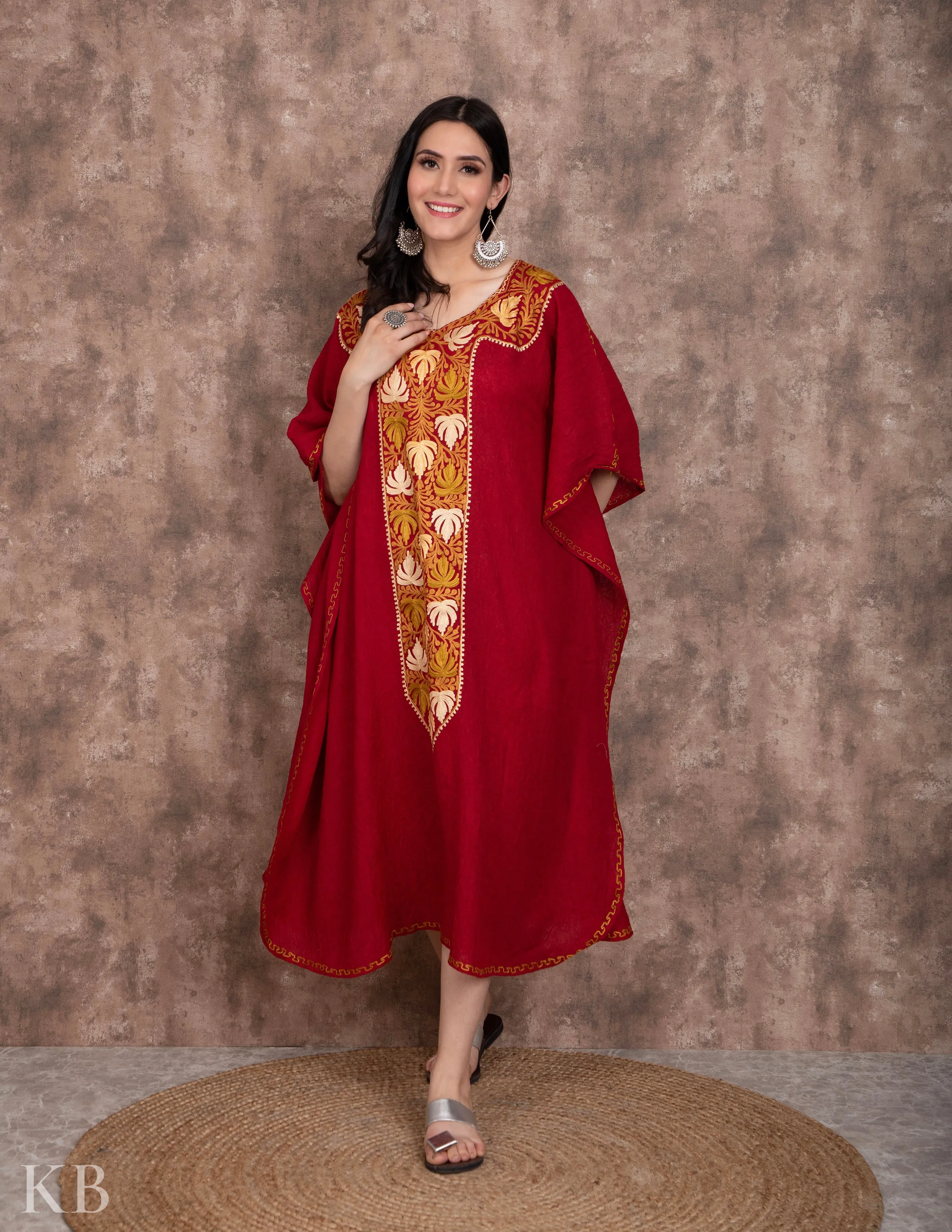 Long Neck Maroon Embroidered Summer Cotton Kaftan