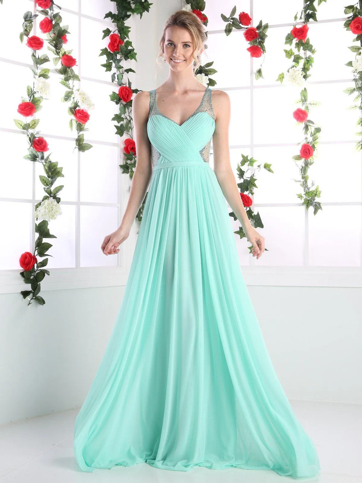 Long Pleated Dress with Sheer Cutouts by Cinderella Divine 5061