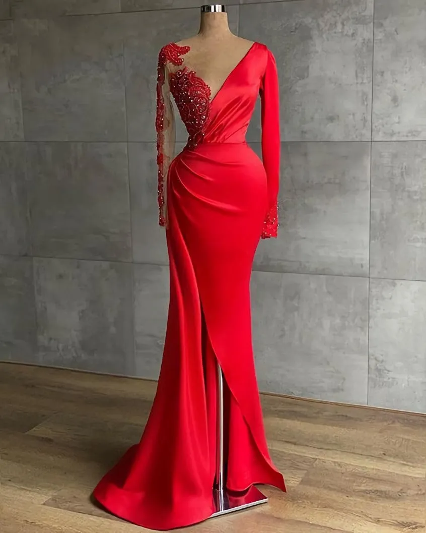 Long Red Satin Evening Dresses, Sheer Neckline Long Sleeve Beaded African High Slit Women Formal Prom Dress