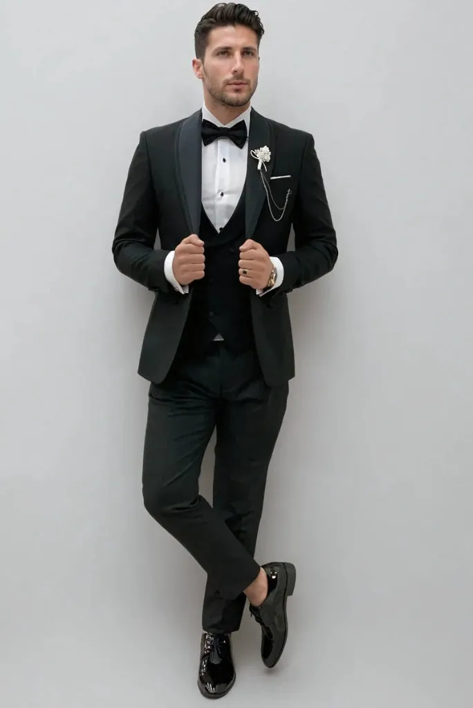 Men Black Three Piece Slim Fit Suit Groom & Groomsmen Suit For Wedding Tailored Stylish Suit Reception Party Suit Bespoke For Men