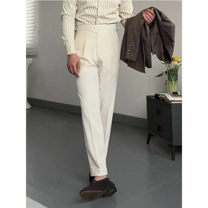 Men's British Retro Slim Fit Dress Pants Casual High Waisted Straight Trousers