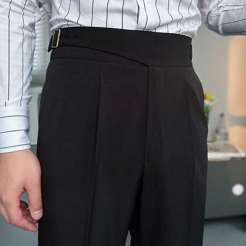 Men's British Retro Slim Fit Dress Pants Casual High Waisted Straight Trousers