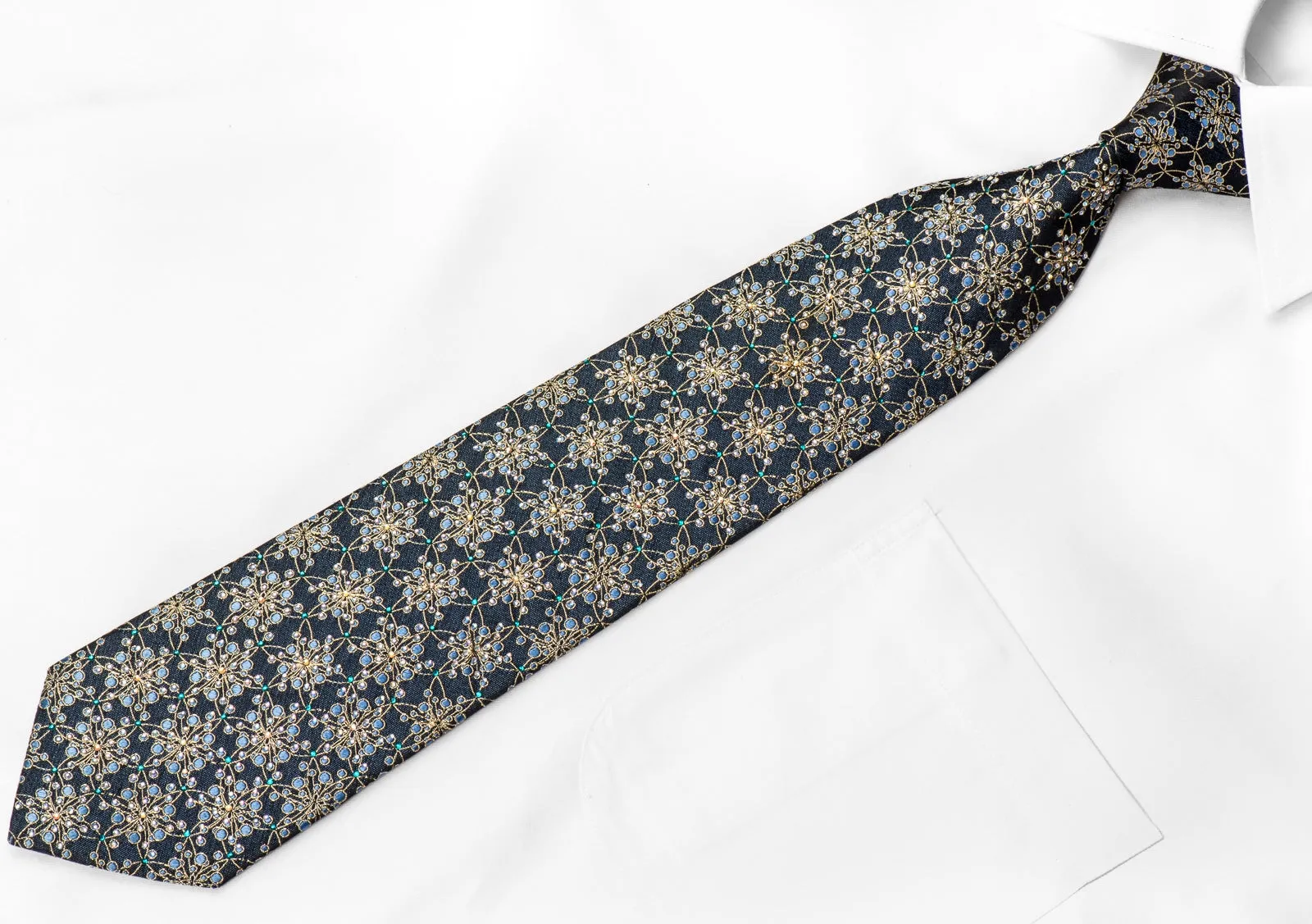 Men's Crystal Rhinestone Necktie Gold Arabesque on Navy With Gold Sparkles