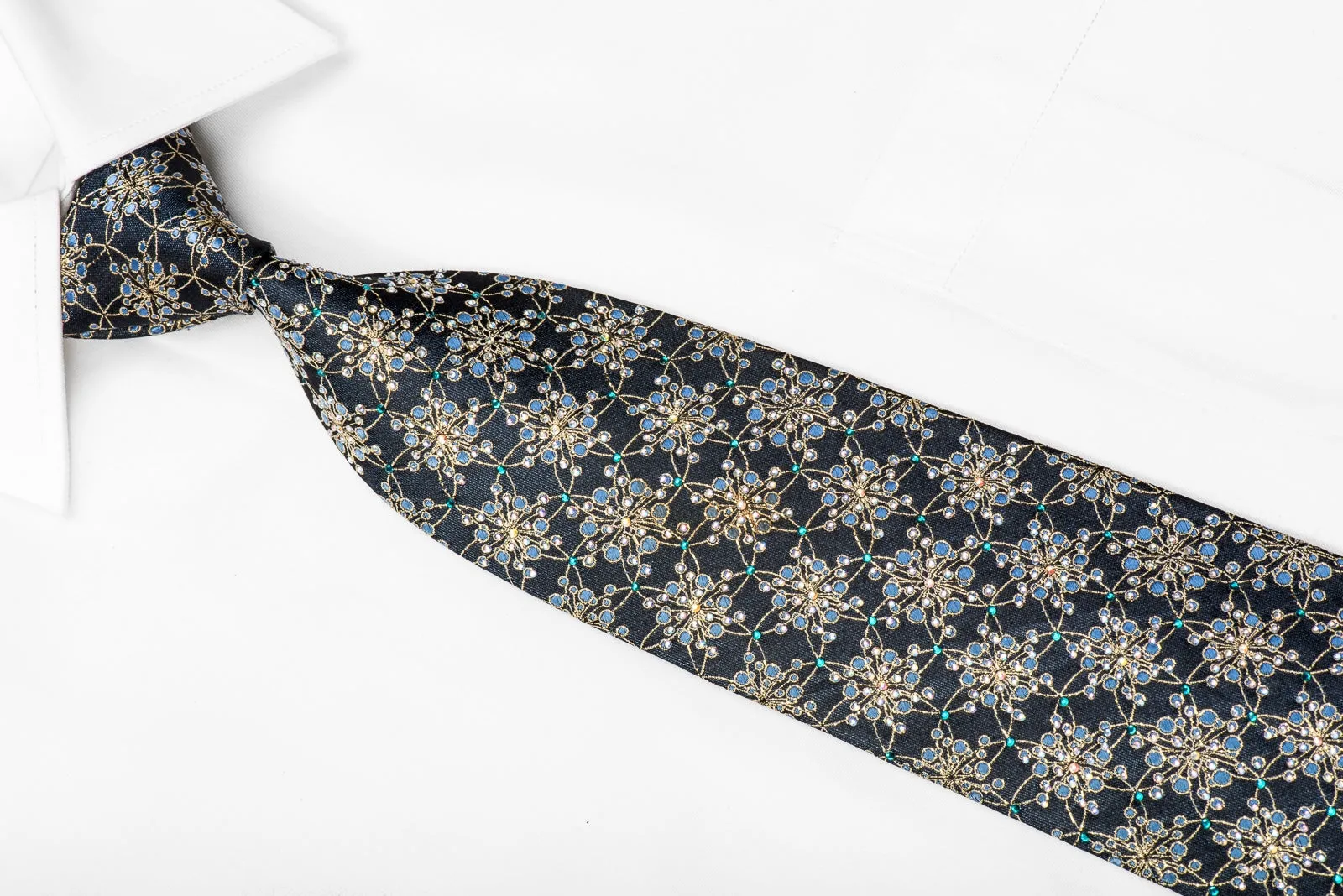 Men's Crystal Rhinestone Necktie Gold Arabesque on Navy With Gold Sparkles