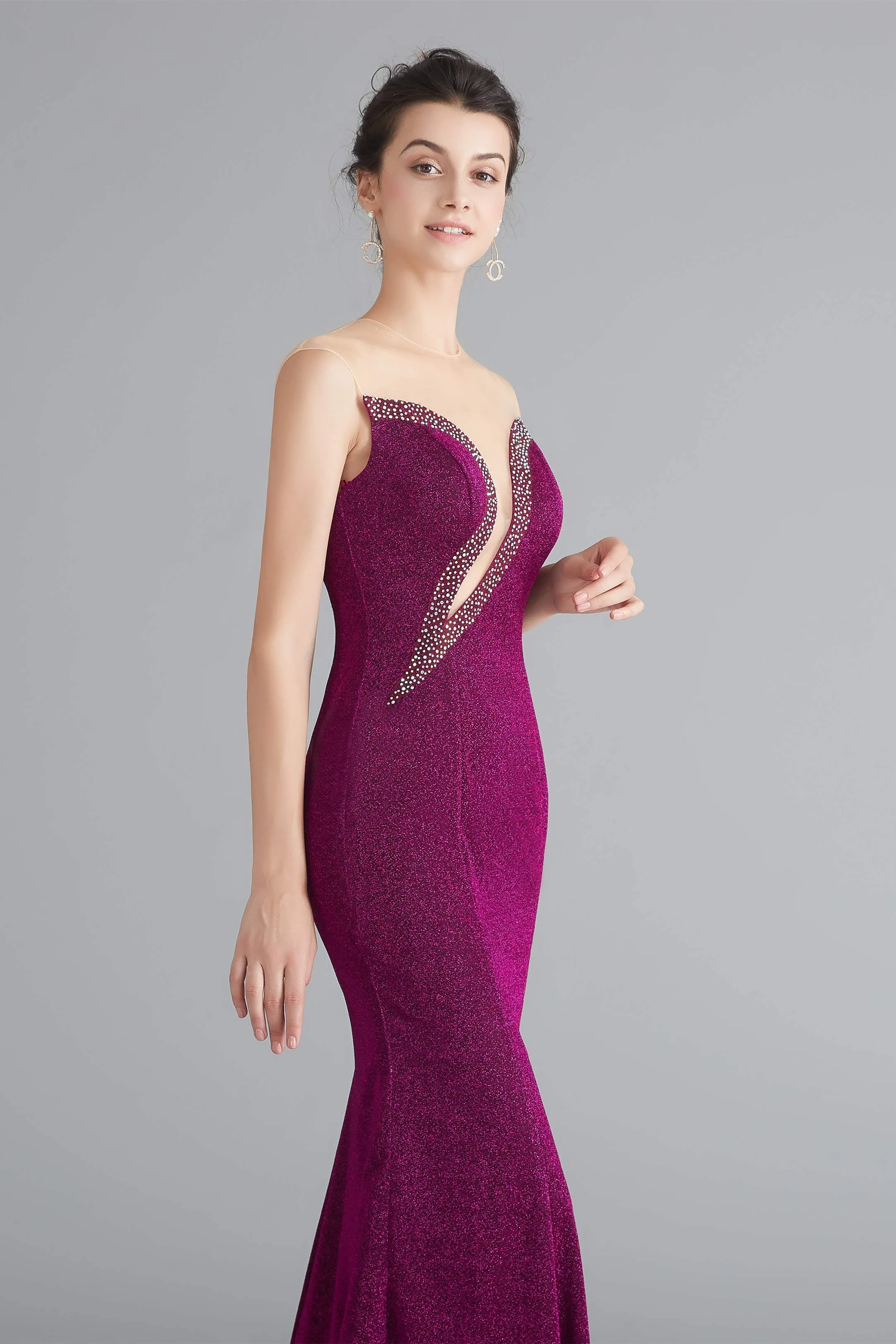 Mermaid Sheer Neck Beaded Sequins Satin Prom Dresses