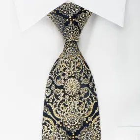 Metro City Rhinestone Silk Necktie Gold Damask On Navy With Gold Sparkles