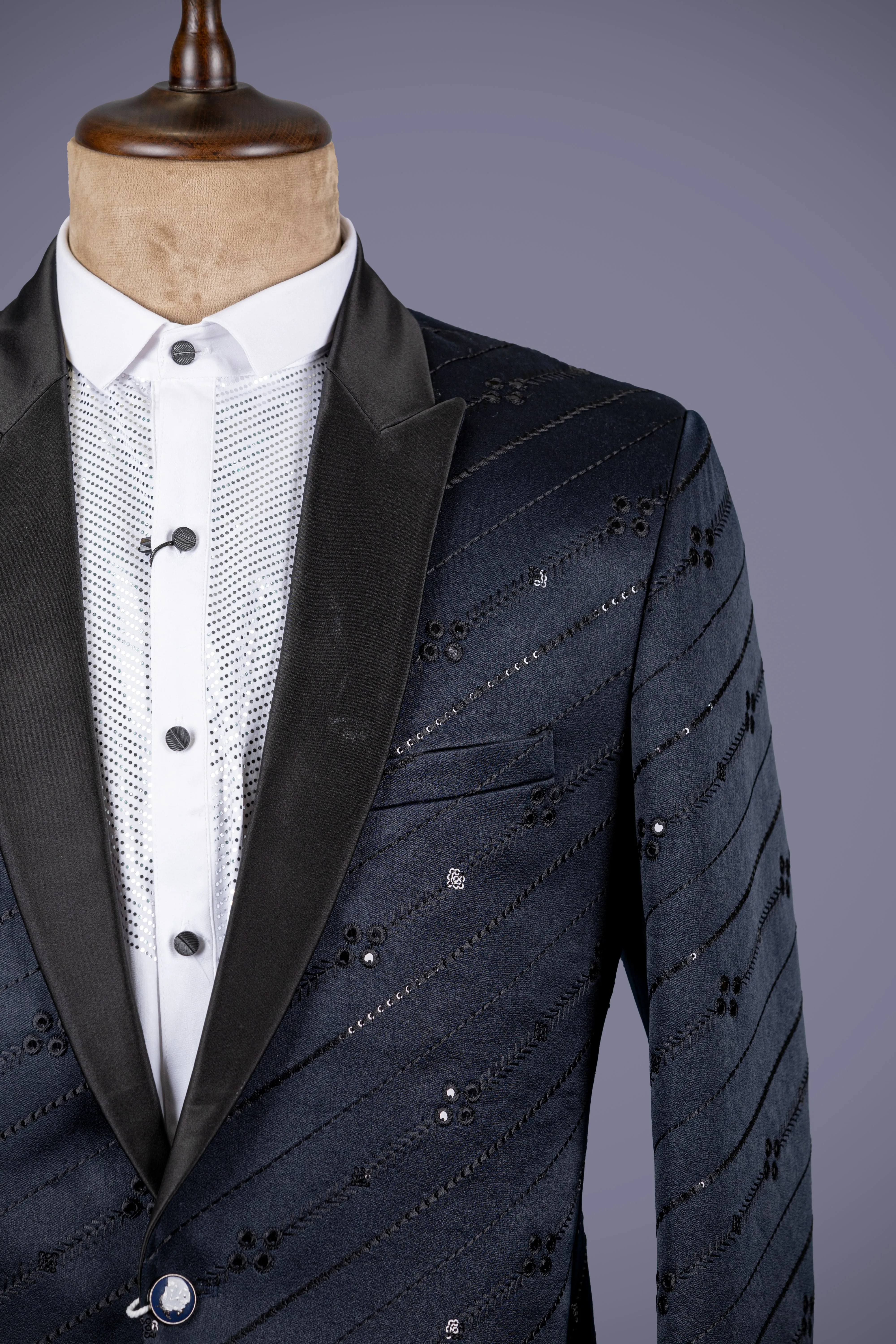 Navy Jacquard Tuxedo with Peak Lapels