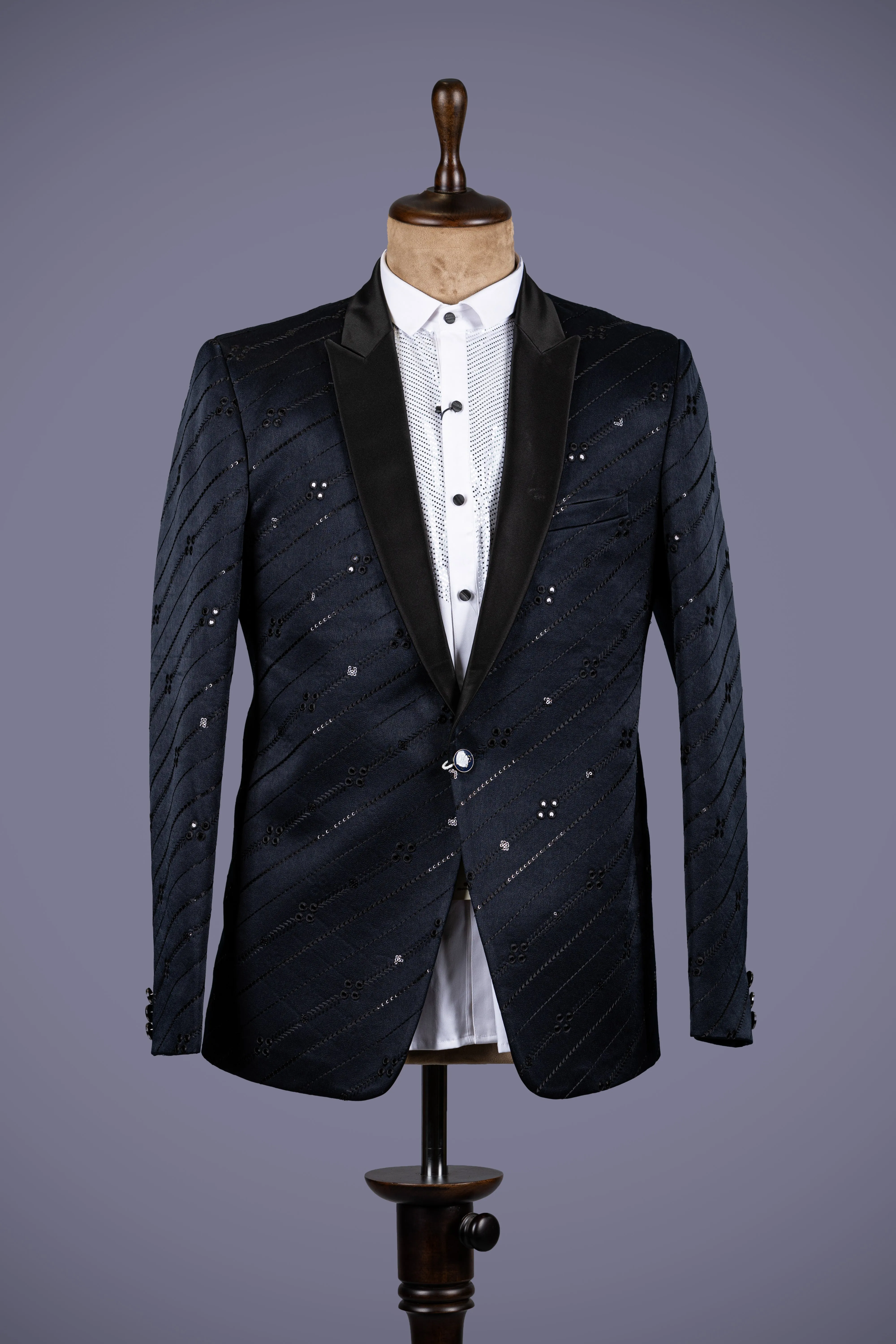 Navy Jacquard Tuxedo with Peak Lapels