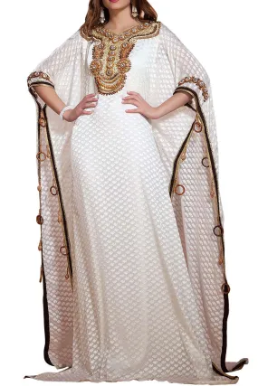 Off White Crepe Wood Work & Hand Beaded Dubai Kaftan