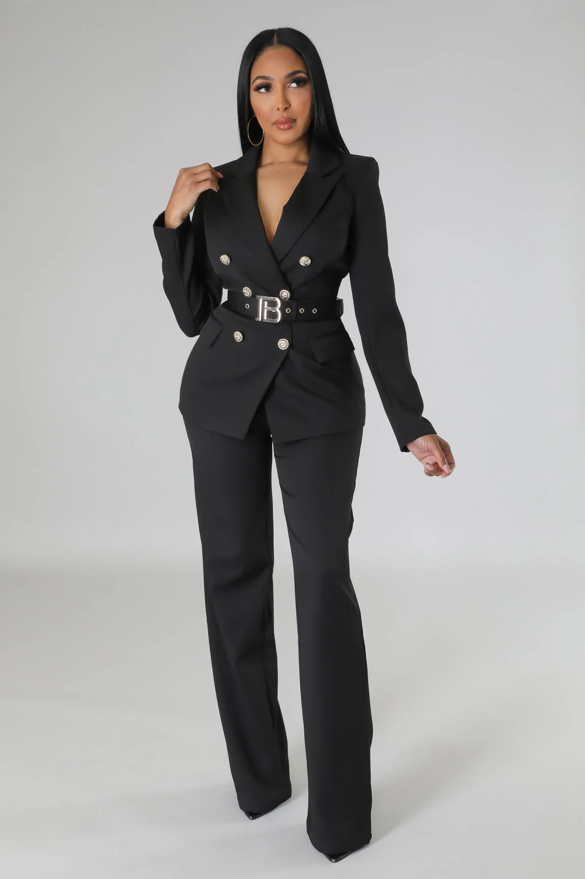 PARIS CHIC DOUBLE BREASTED BLAZER AND PANTS SET (BLACK)