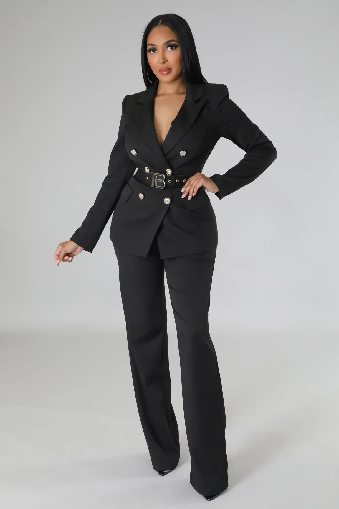 PARIS CHIC DOUBLE BREASTED BLAZER AND PANTS SET (BLACK)