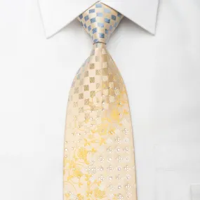 Park Land Men's Silk Necktie Floral Checker On Gold Sparkling With Rhinestones