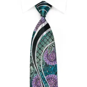 Perry Ellis Men's Crystal Silk Necktie Silver Waves On Floral On Navy With Purple Sparkles