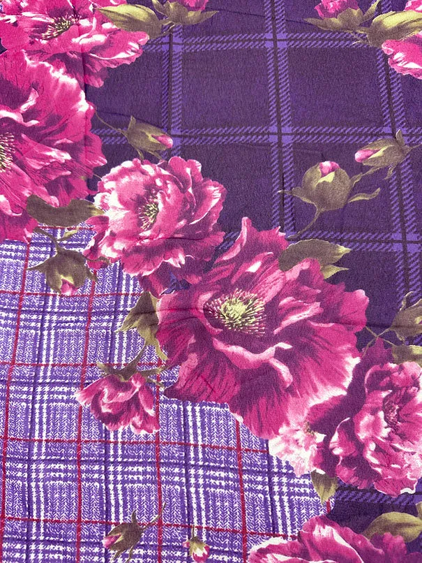 Purple Plaid Floral Print Poly Chiffon Fabric